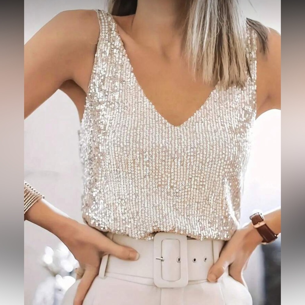 Plus Size Luxe Sequin V-Neck Tank Top Blouse Shirt